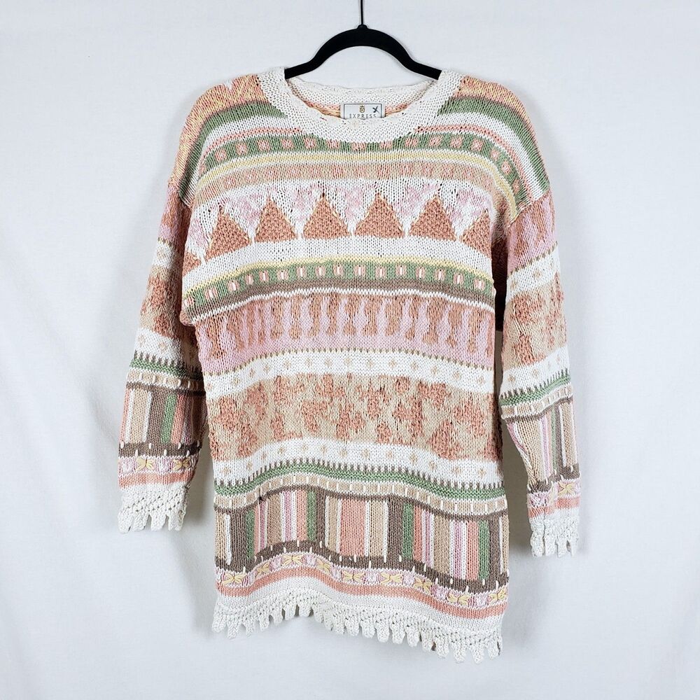 Vintage Express Tricot Sweater Womens XS Cottagecore Folk 90s Ramie Handknit